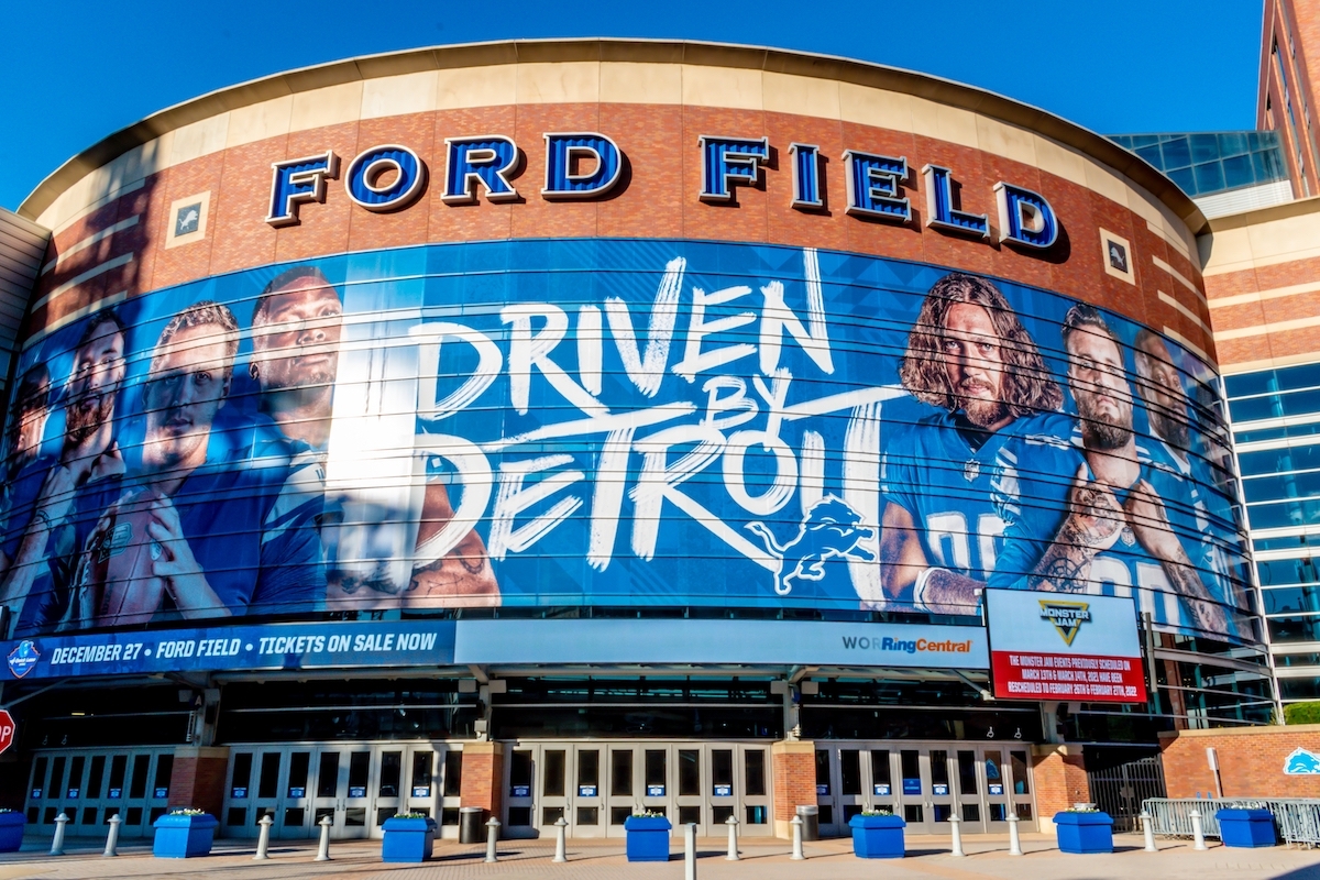 closeup of Ford Field, Detroit Lions' football field stadium's exterior 