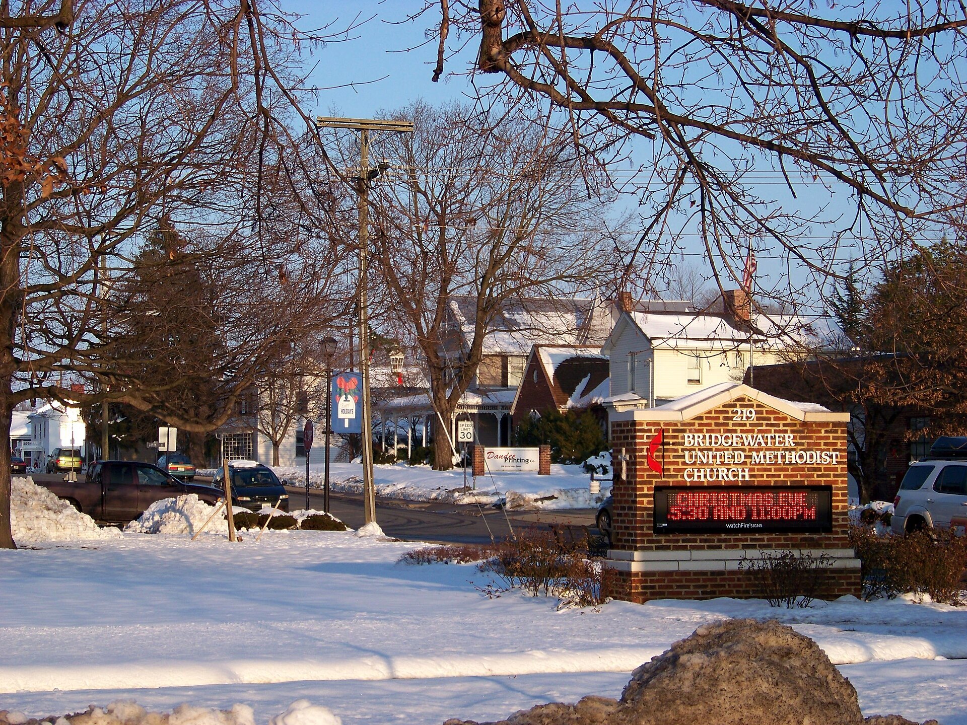 downtown Bridgewater, Virginia covered in snow