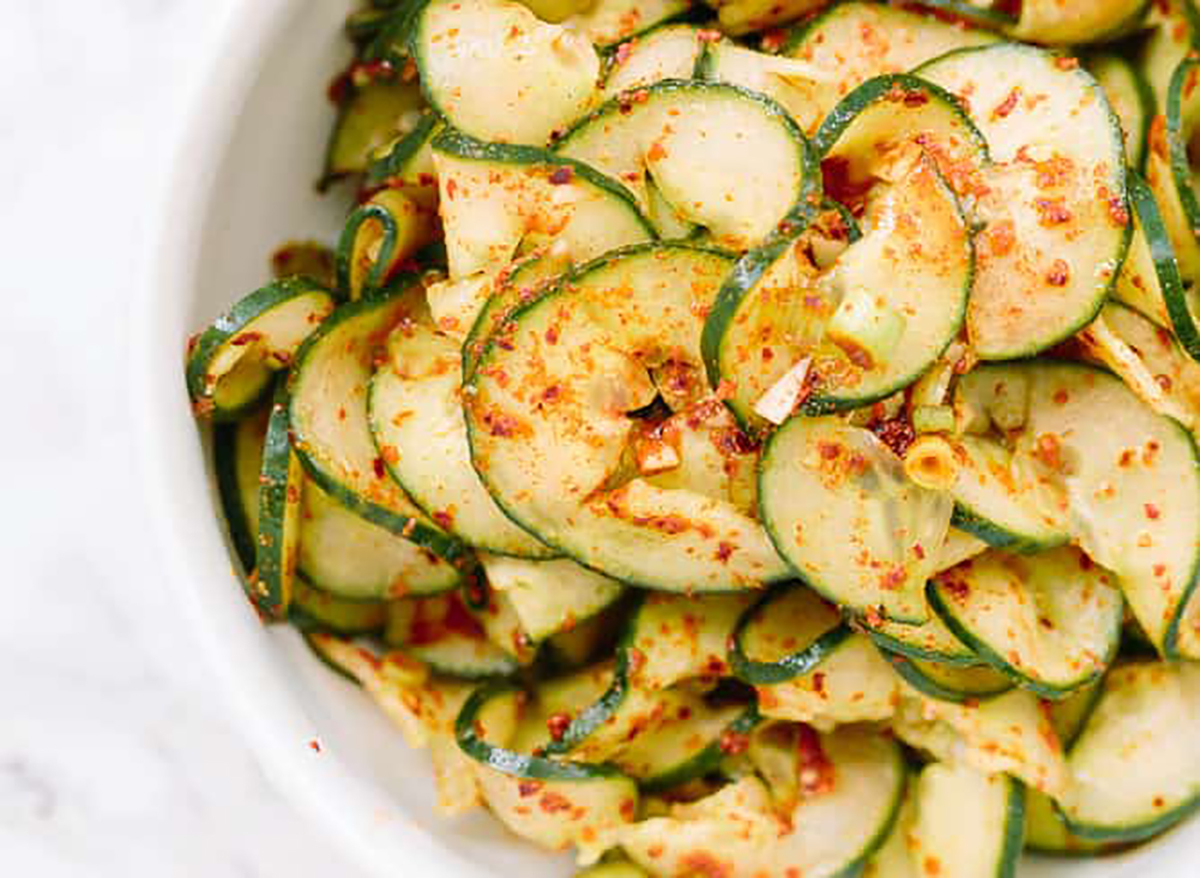 spiralized cucumber kimchi in a bowl