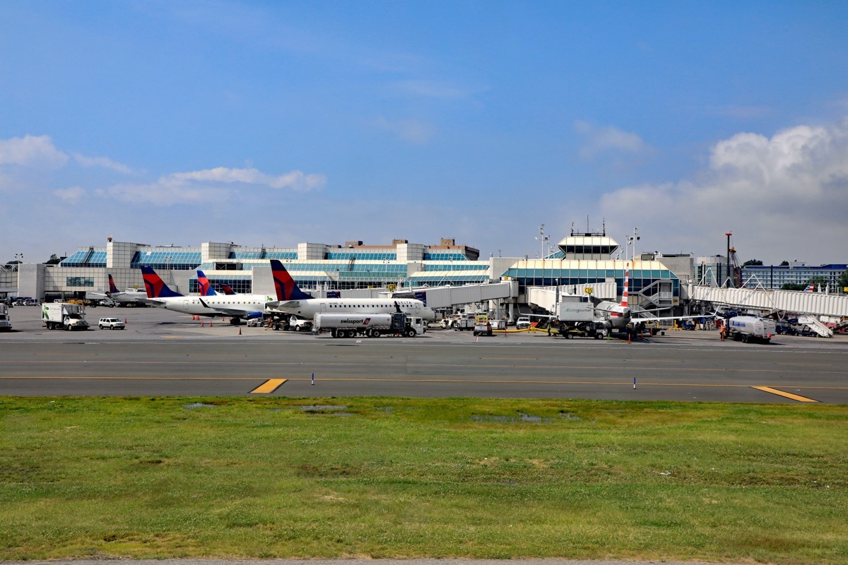 the exterior of laguardia airport viewed from the hangar