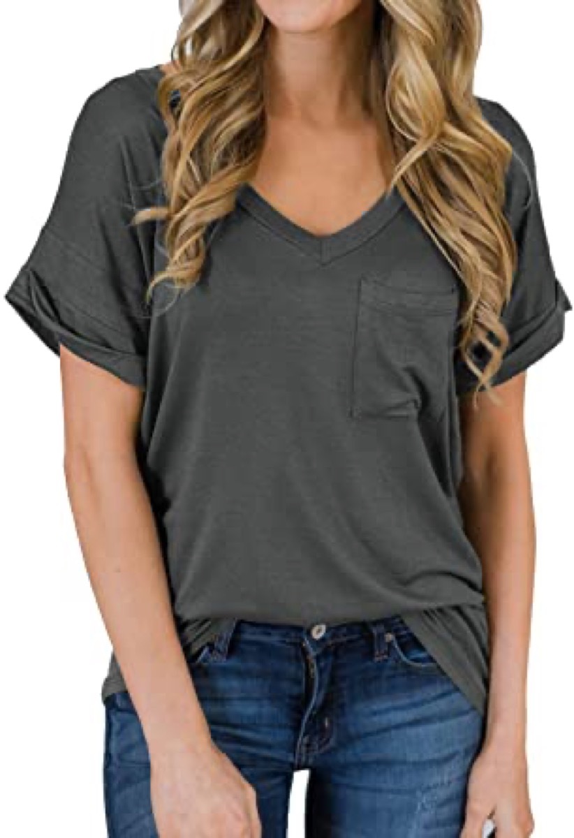 A dark gray women's v neck shirt