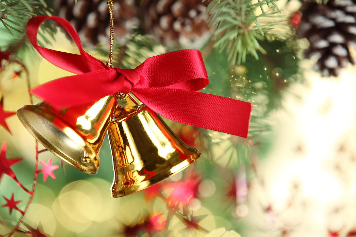 Jingle bell hanging from christmas tree