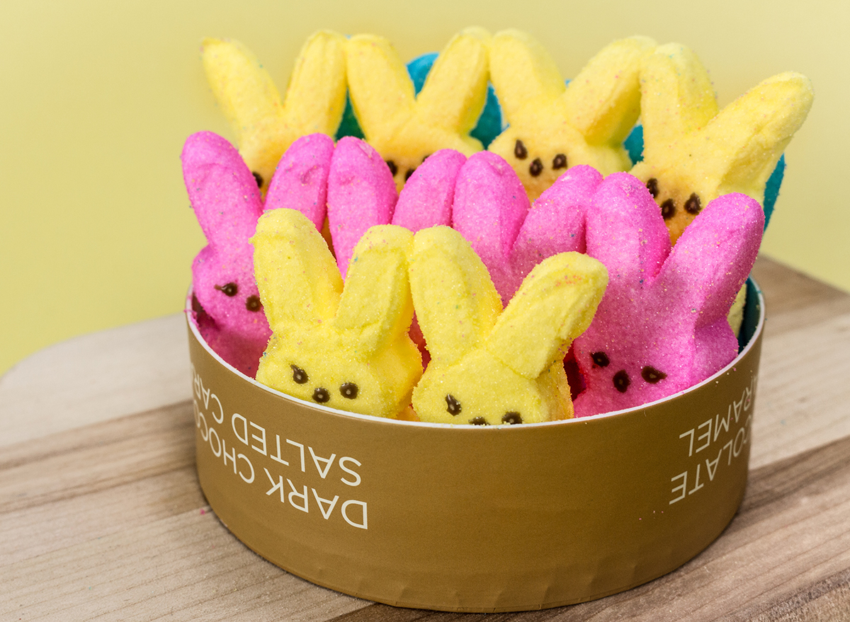 tin of yellow and pink peeps bunnies