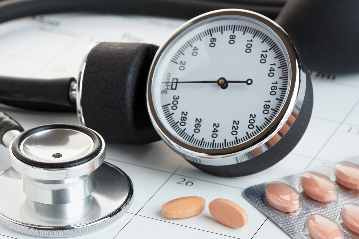 Tablets and blood pressure meter.