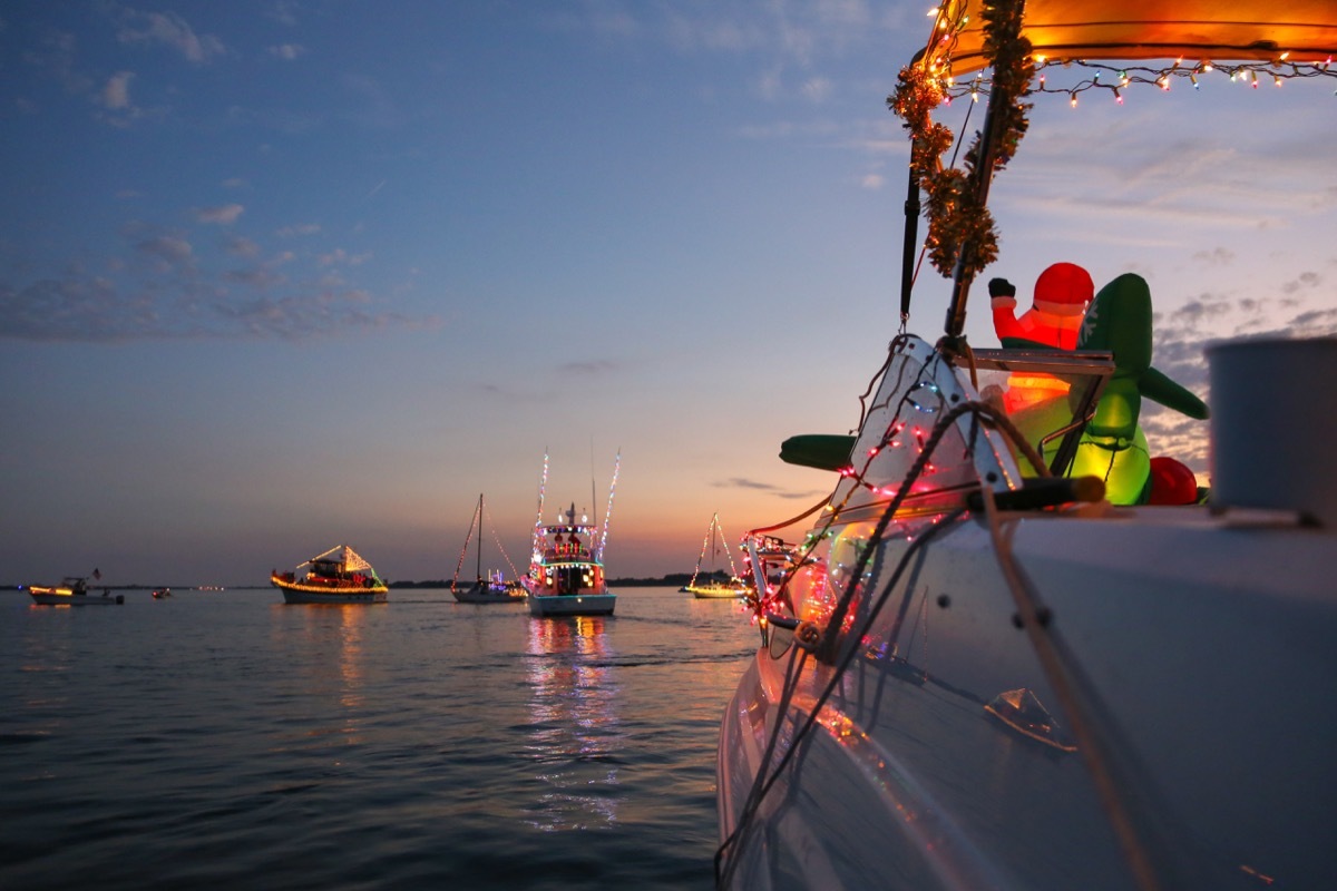 Boats on the water decorated for Christmas