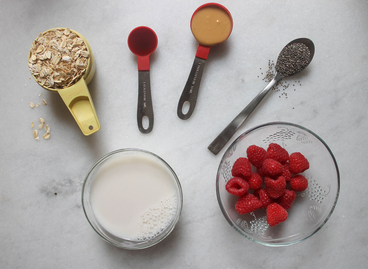 ingredients for overnight oats on a marble counter