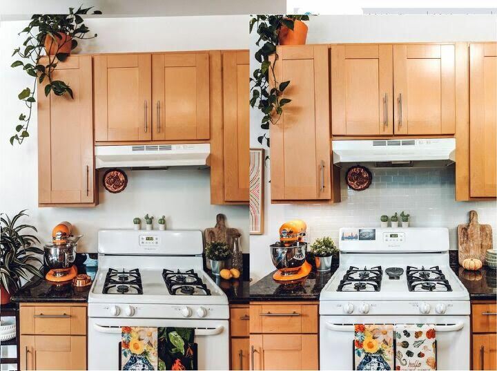 before and after kitchen with tile backsplash