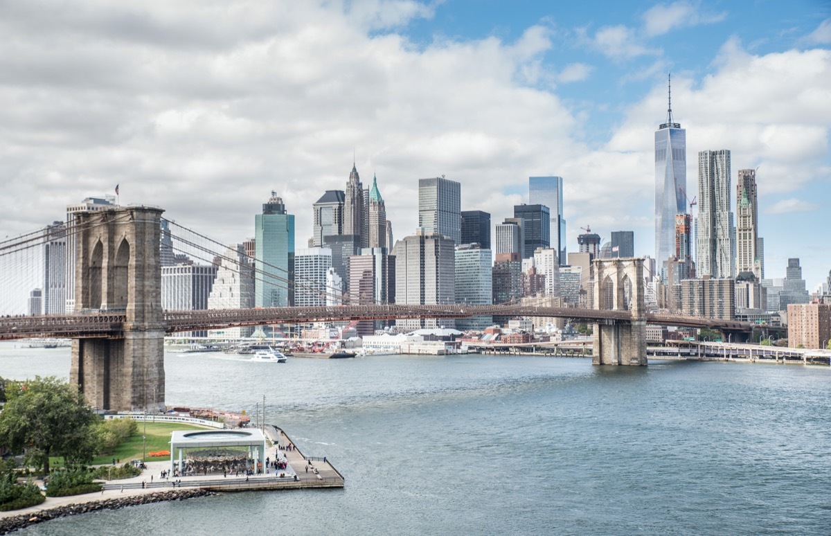 Manhattan Skyline and Brooklyn Bridge in New York, New York in the afternoon