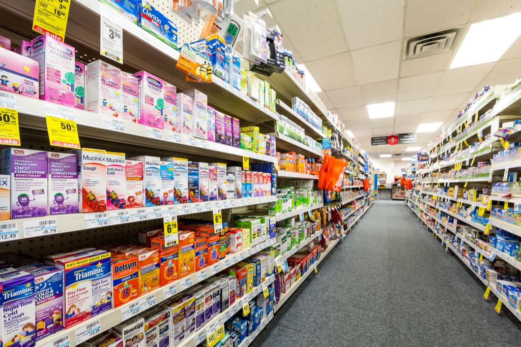 an aisle at a pharmacy