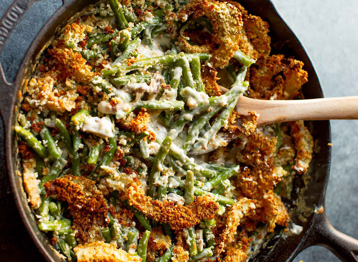 homemade green bean casserole in cast iron pan