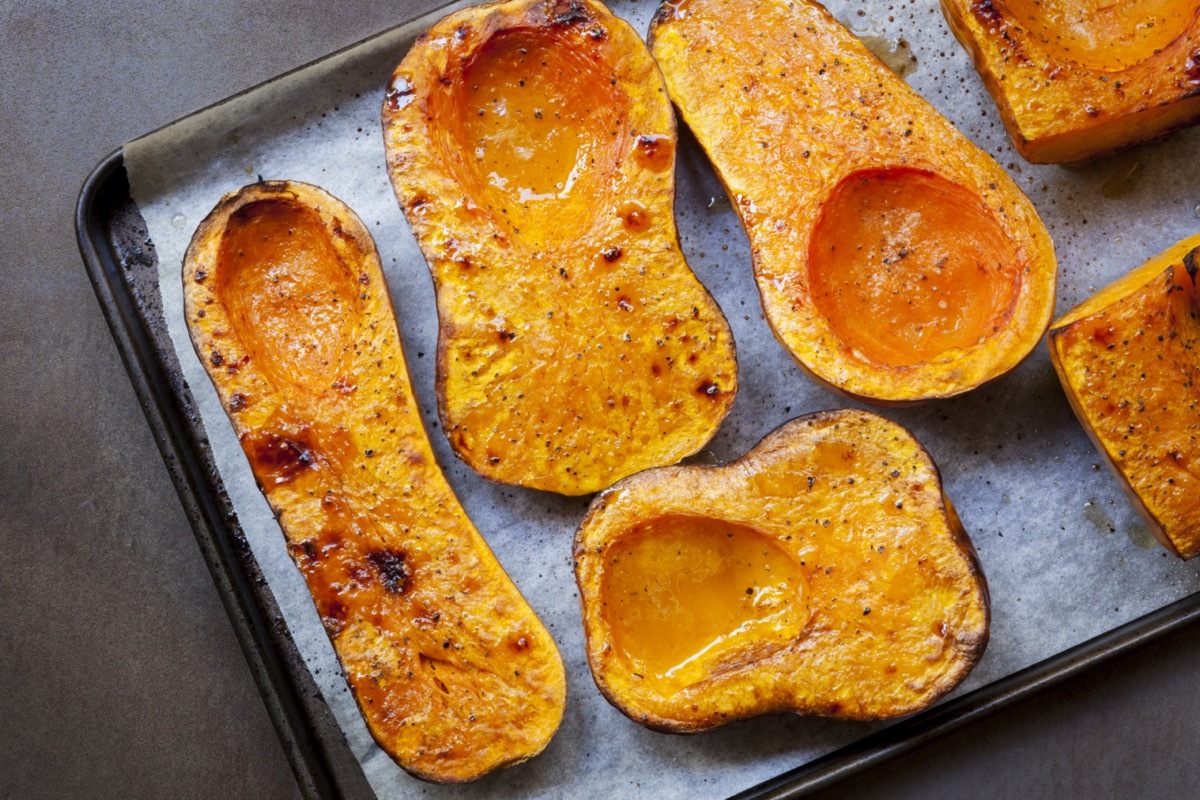 roasted butternut squash on baking sheet