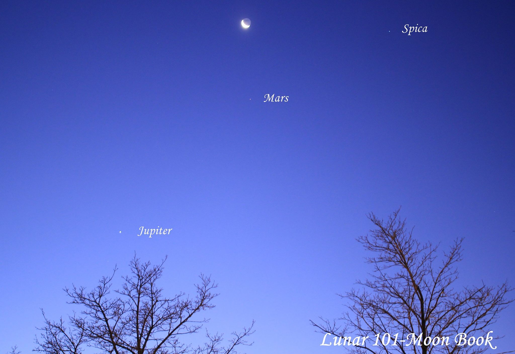 photo of jupiter, mars, and the moon from the Lunar 101 Moon Book on Facebook.