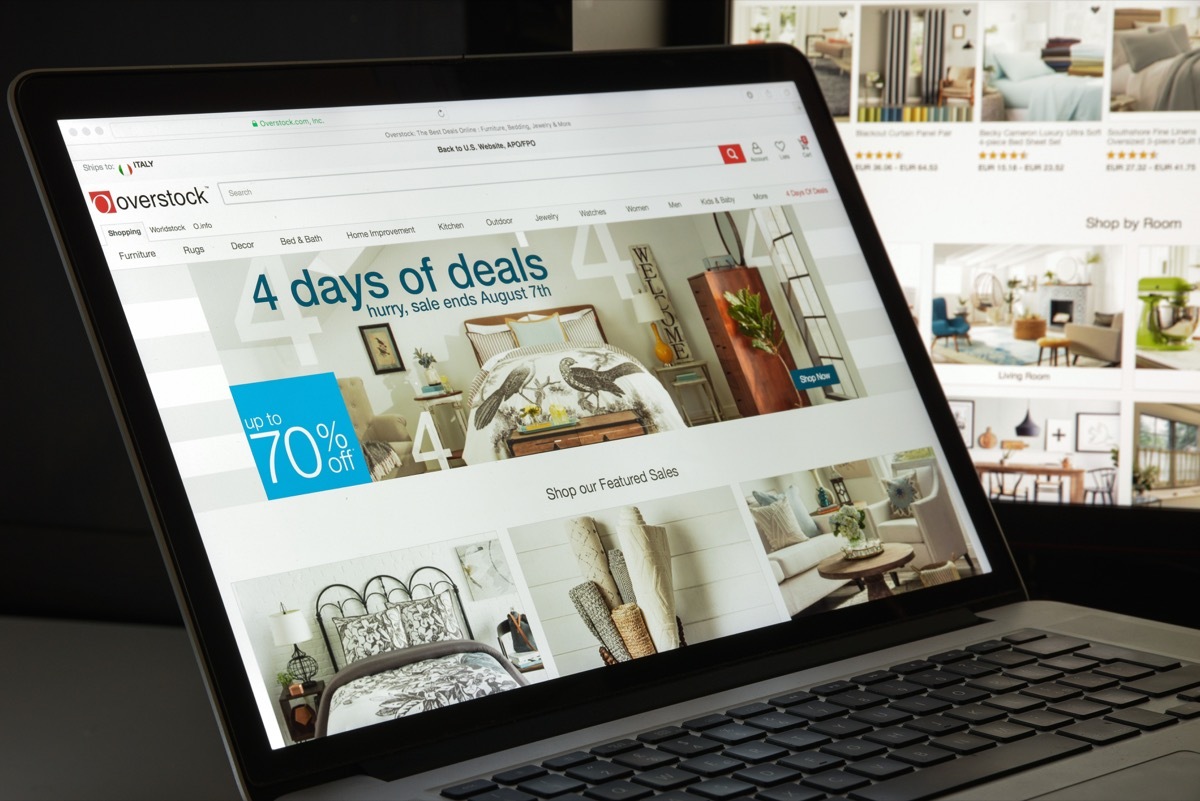 Overstock website homepage. It is an American internet retailer. Overstock logo visible.