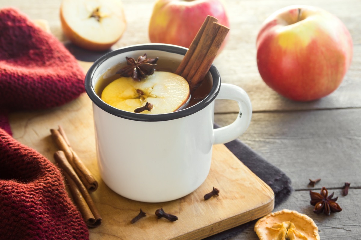 mulled cider with cinnamon stick in mug