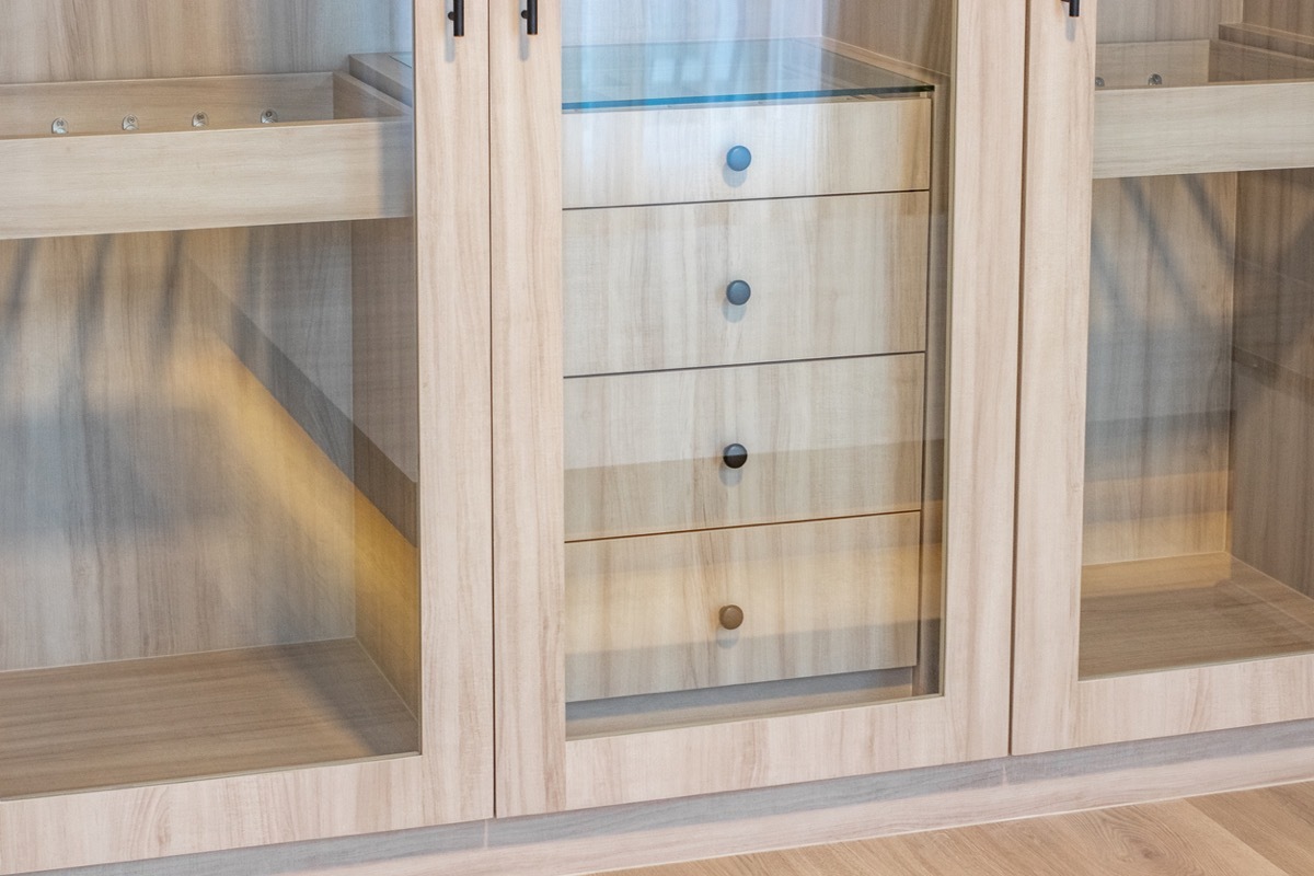 Close-up of the room's wood cabinets