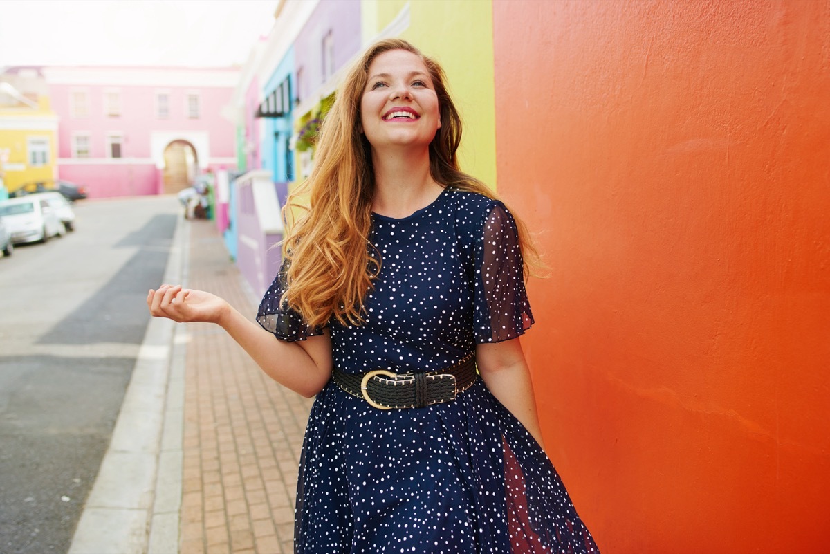 woman wearing polka dot dress