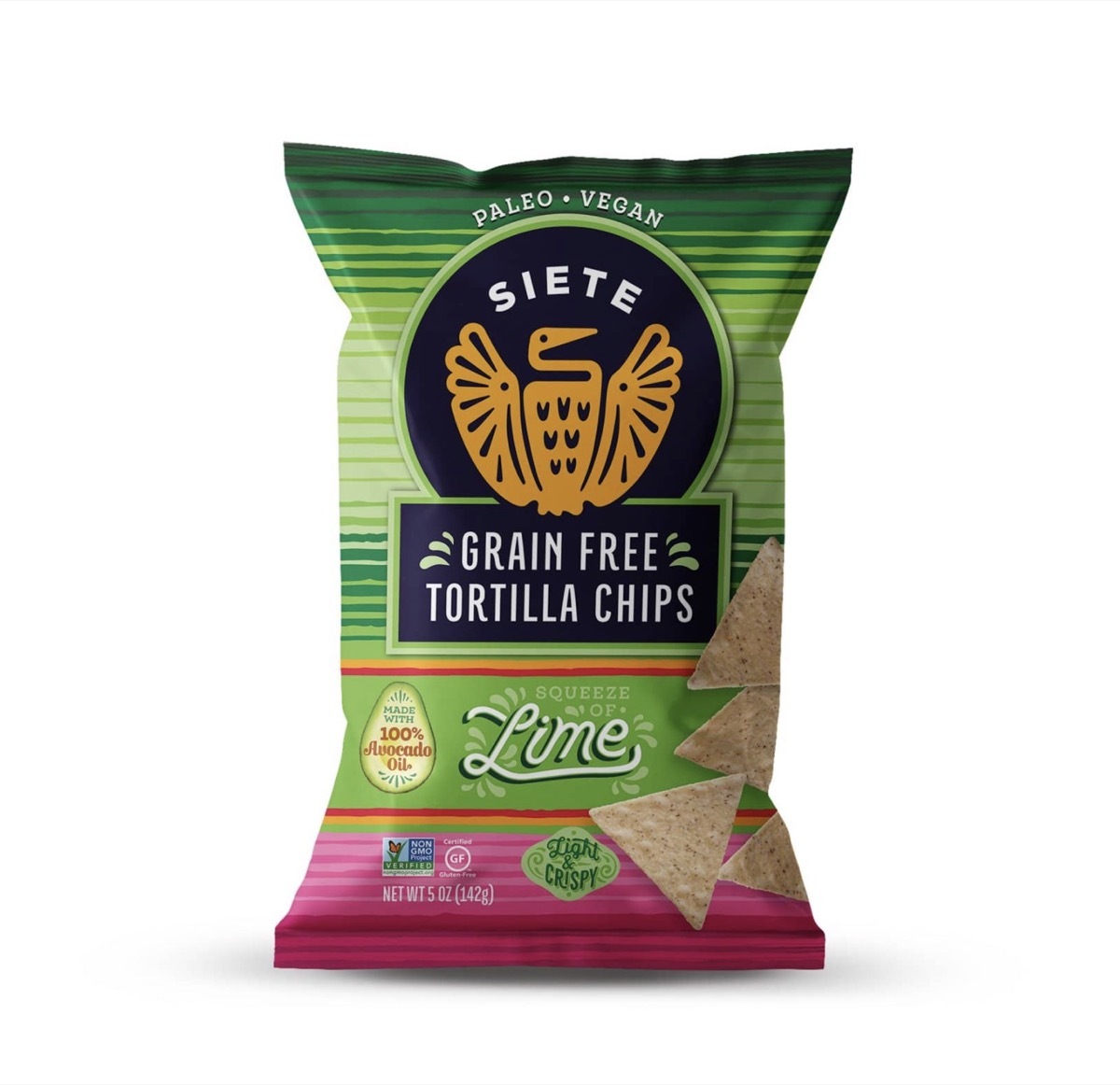 bag of grain free siete tortilla chips in lime on white background