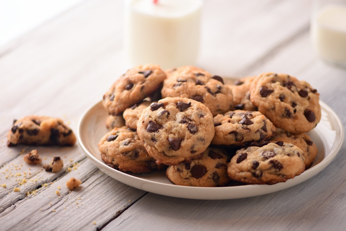 plate of chocolate chip cookies and a glass of milk