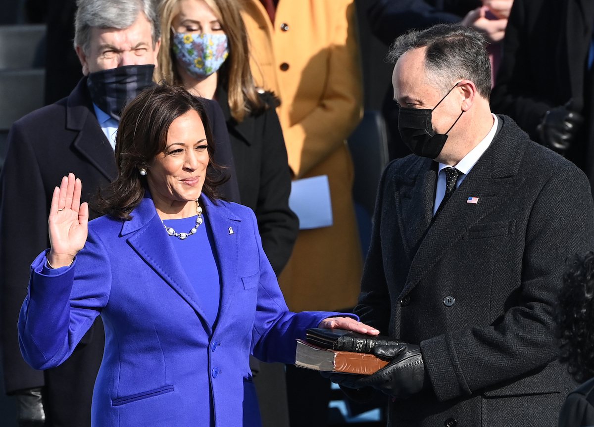 Kamala Harris, flanked by her husband Doug Emhoff, is sworn in as the 46th US Vice President by Supreme Court Justice Sonia Sotomayor on January 20, 2021, at the US Capitol in Washington, DC.