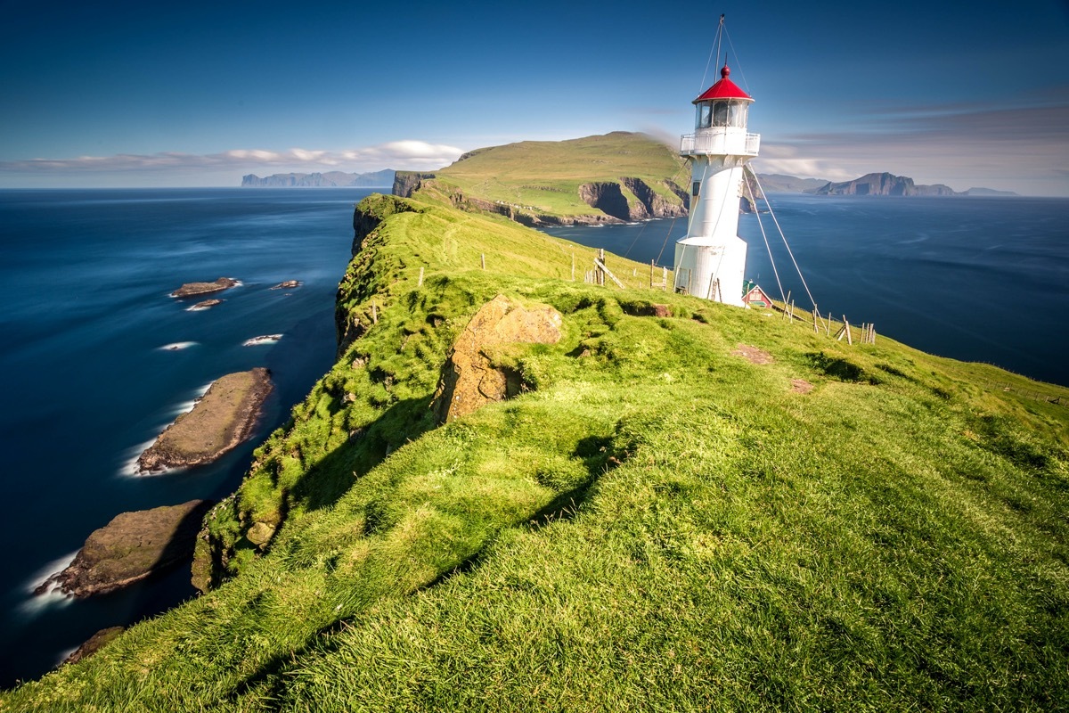 Old lighthouse on the beautiful island Mykines.