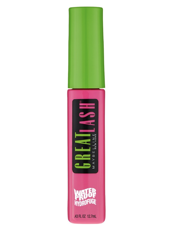 Maybelline Great Lash Mascara in its pink and green tube on white background