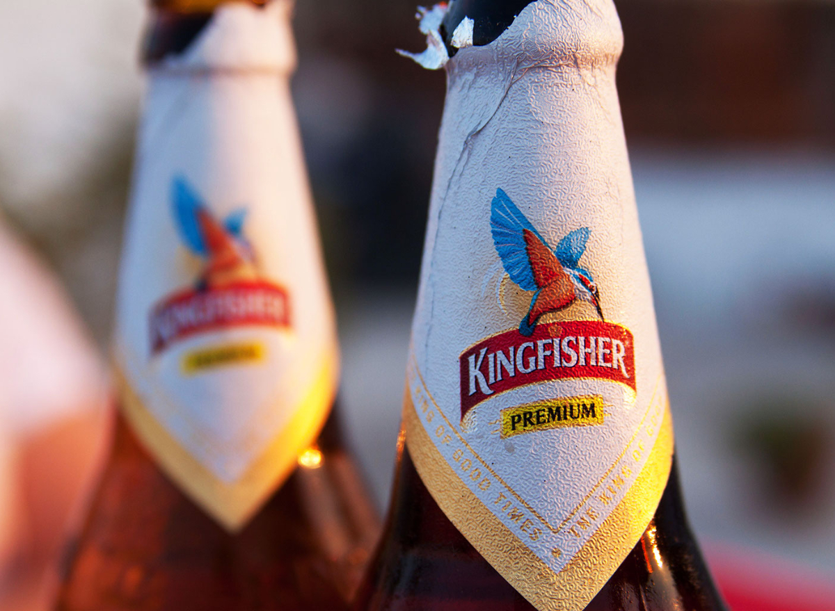 Kingfisher beer bottle neck closeup