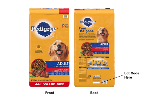 bags of purina dog food from an FDA recall on a white background