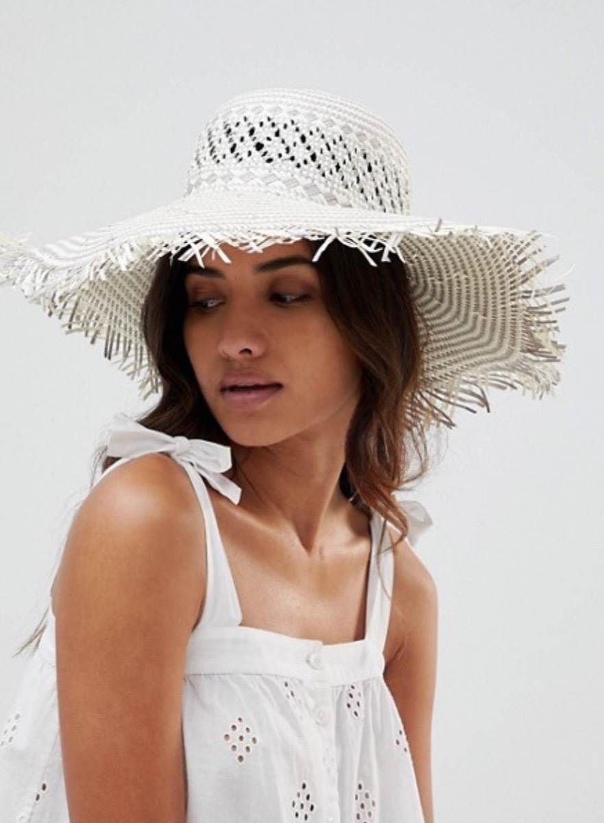 white hat with frayed edges, cheap summer hats