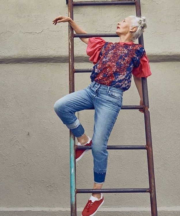 Sara Jane Adams on the ladder | 12 Over-50 Women With Ridiculously Good Style | Her Beauty