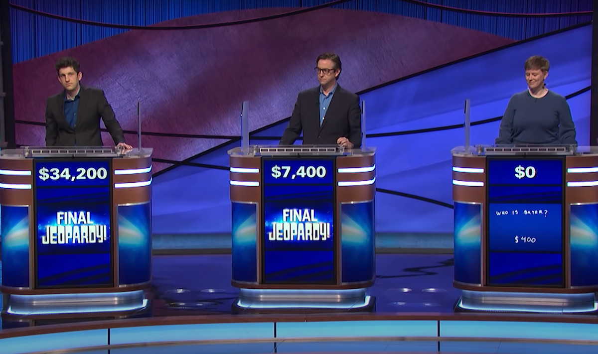 Matt Amodio and fellow contestants during Final Jeopardy on August 2, 2021