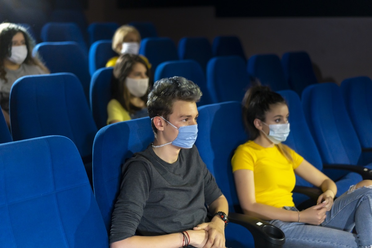 Group of people watching movie in the cinema after Coronavirus loosening measures.