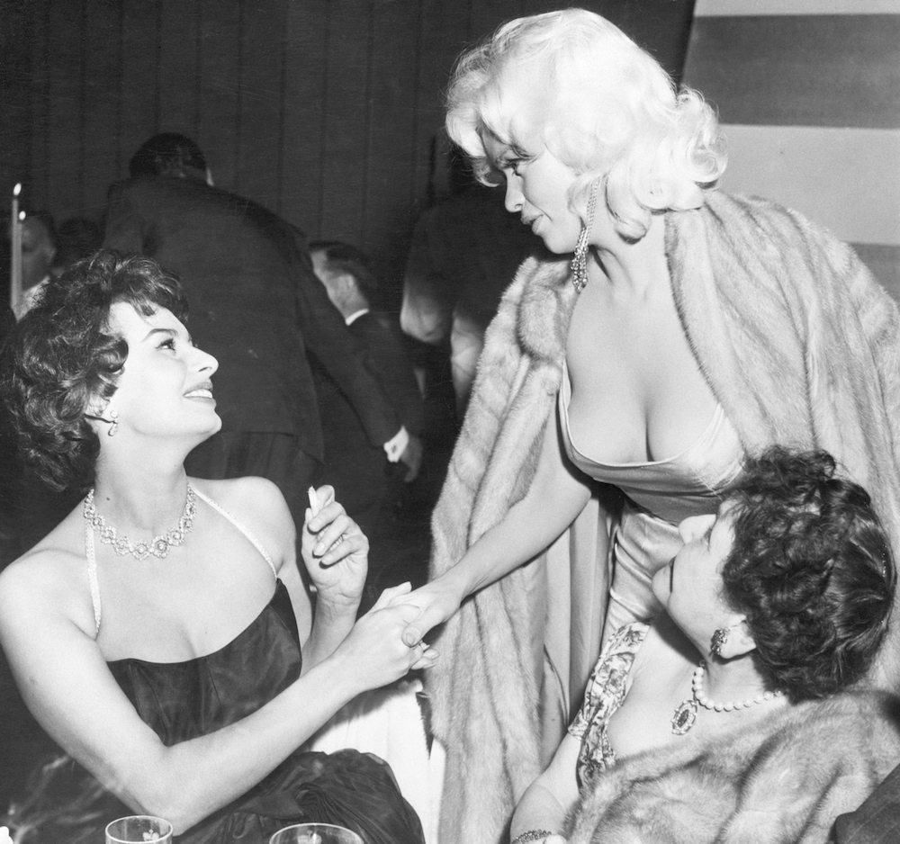 Sophia Loren and Jayne Mansfield at Loren's Paramount party in 1957