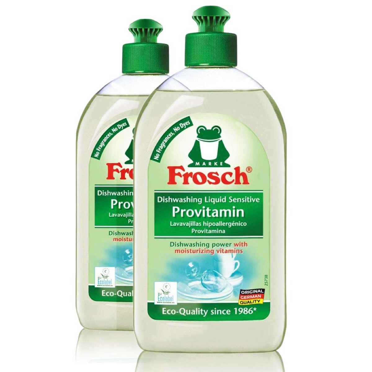 two bottles of dish soap with green tops, earth friendly cleaning products