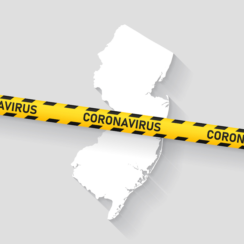 Map of New Jersey with a coronavirus warning tape