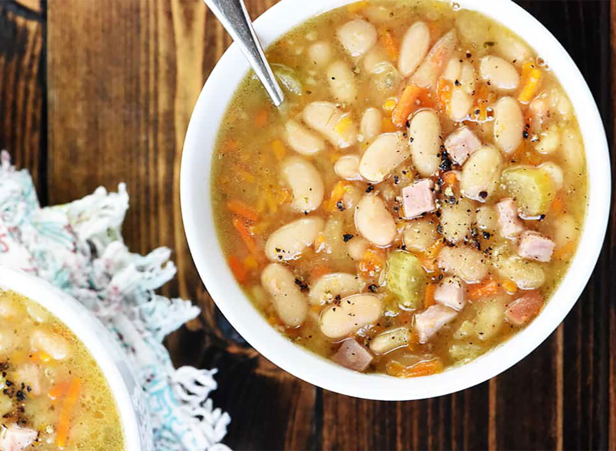 ham and bean soup in two bowls