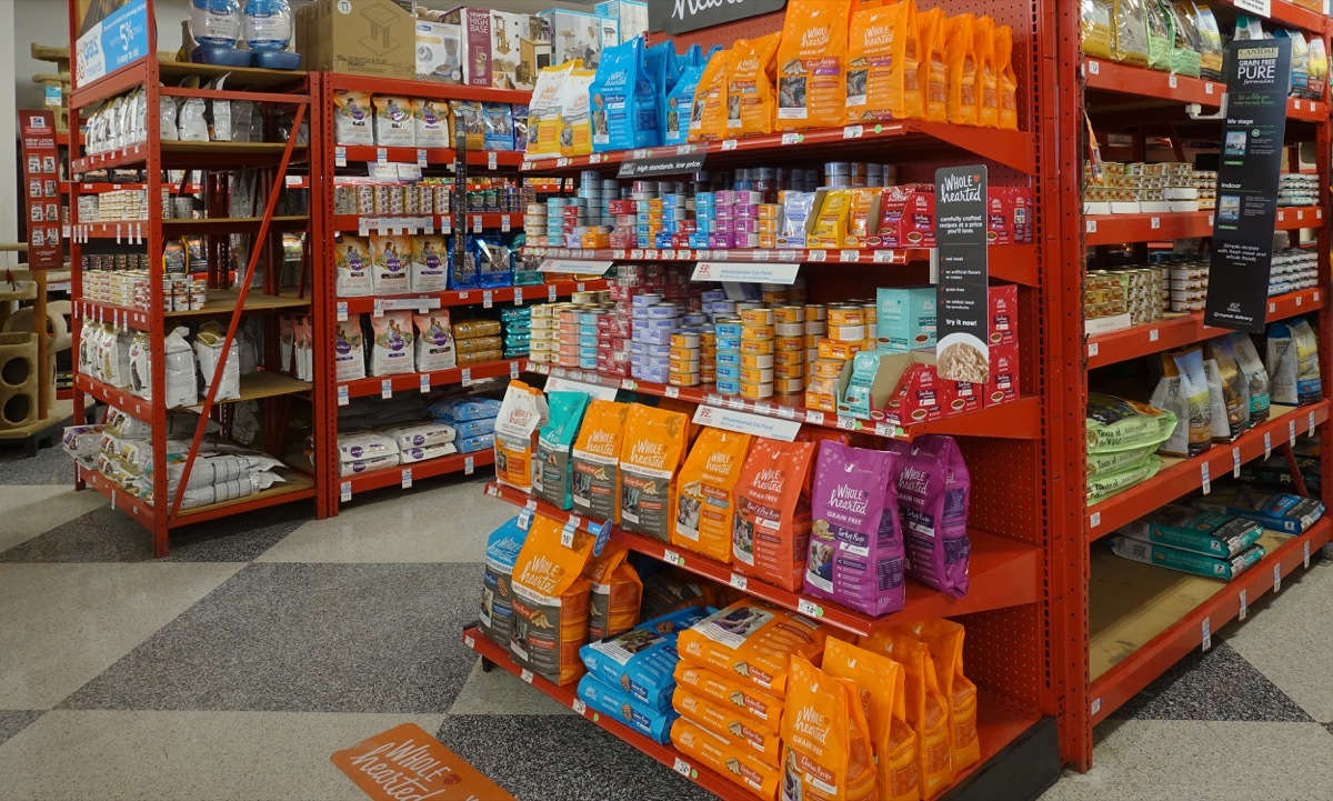 Various cat food on shelves at a PETCO pet store