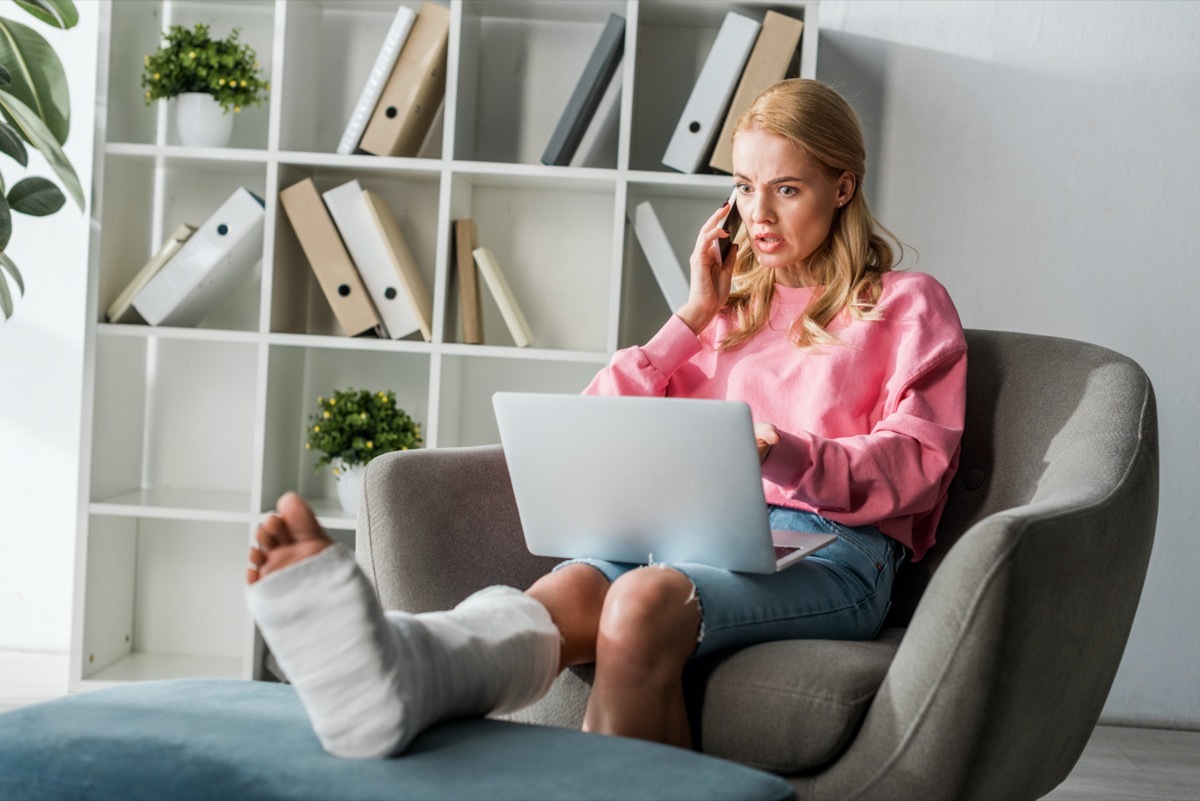 middle aged white woman with injured leg at home