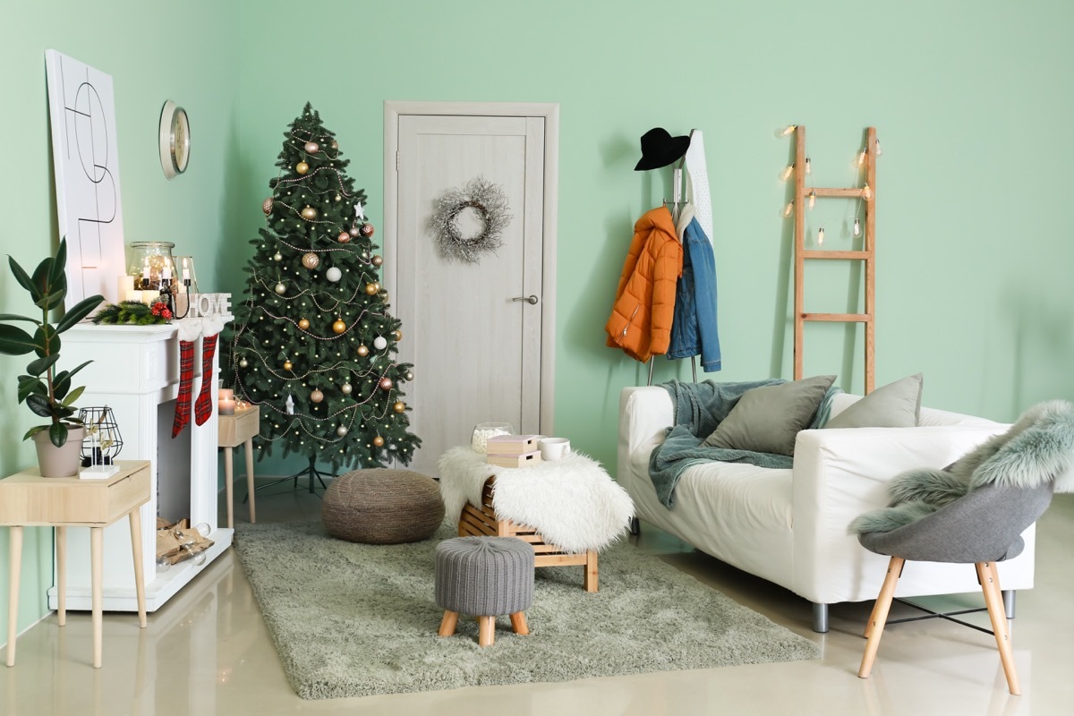 interior of a room with a christmas tree