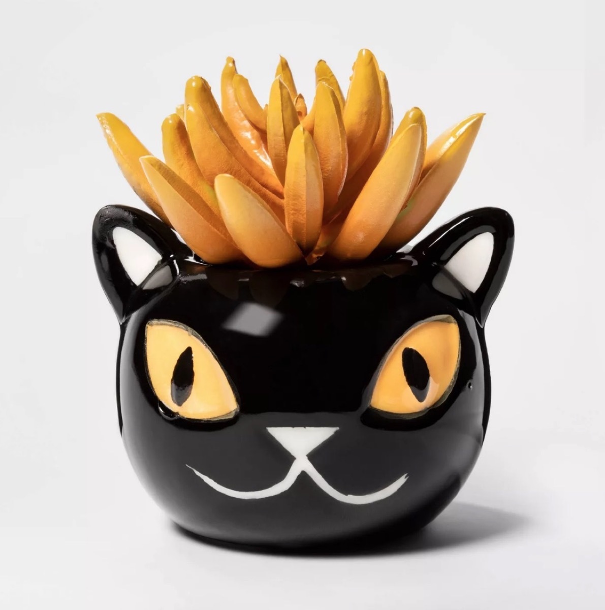 black ceramic cat planter with orange fake succulent, target halloween decor