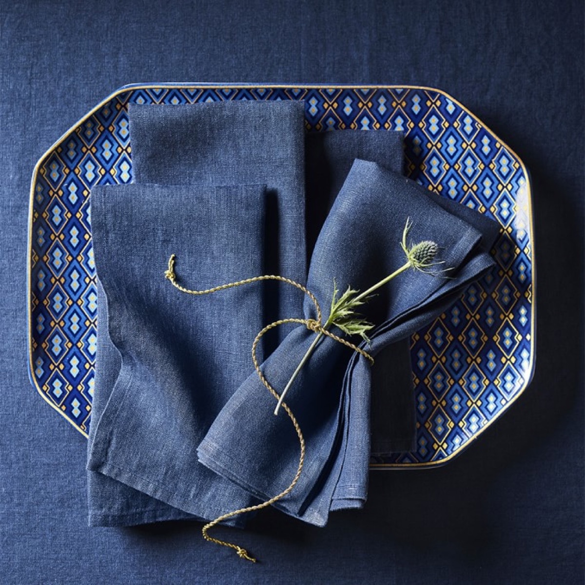 blue tray styled with cloth napkin