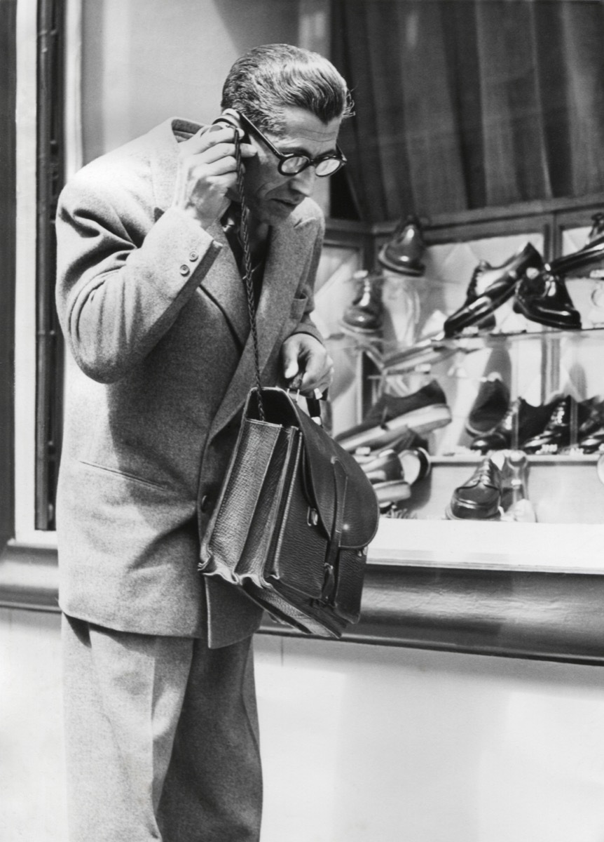 The 'Telephonogramme' in use of the streets of Paris, May 10, 1950. This was an early wireless mobile telephone that could fit into a briefcase