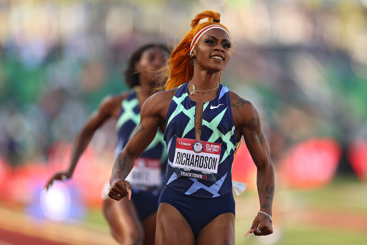 Sha'Carri Richardson runs in the Women's 100 Meter semifinal on day 2 of the 2020 U.S. Olympic Track & Field Team Trials at Hayward Field on June 19, 2021 in Eugene, Oregon.