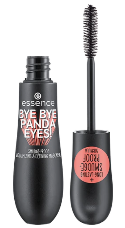 Black tube and wand of Essence Bye Bye Panda Eyes mascara on white background