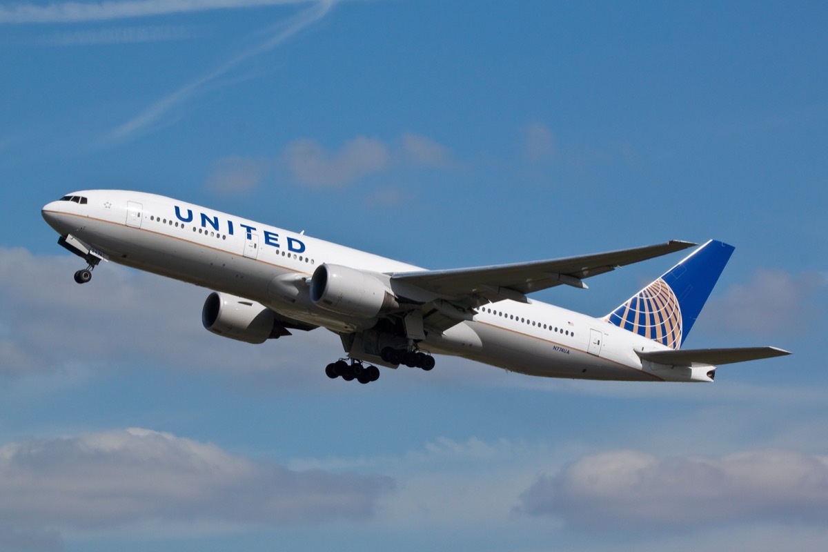 United Airlines Boeing 777 (N774UA) taking off on April 10, 2014 at London Heathrow Airport, London, UK.