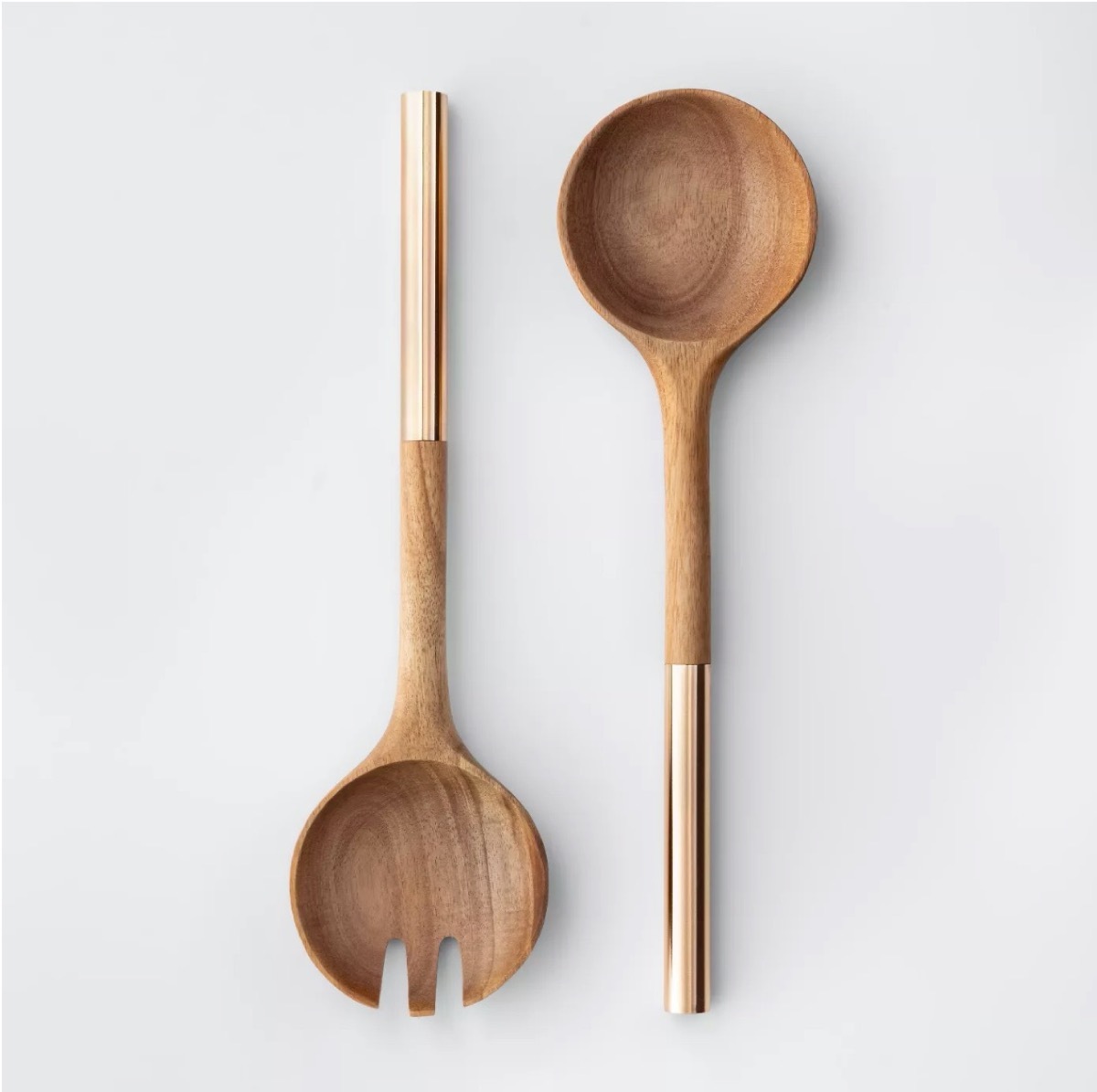 wooden salad tongs with gold handles