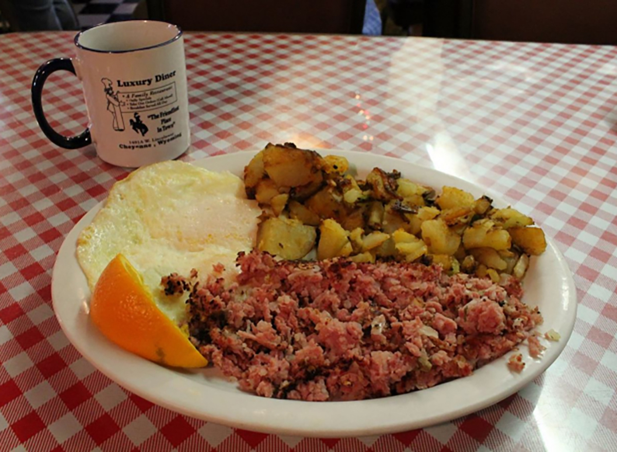 breakfast hash and coffee mug