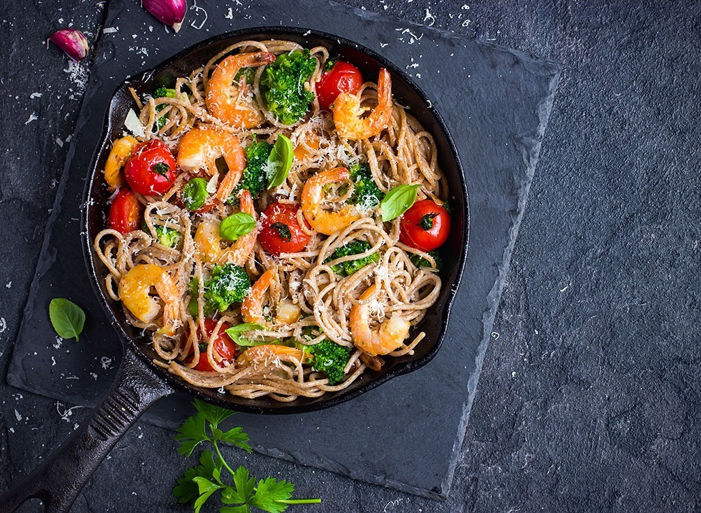 Pasta shrimp veggies bowl