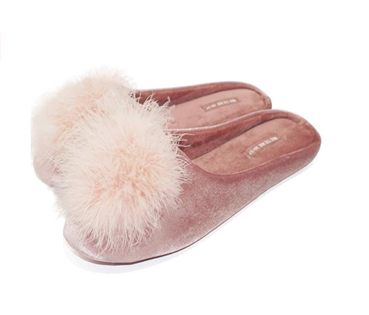 pink velvet slippers with pink fur pom poms