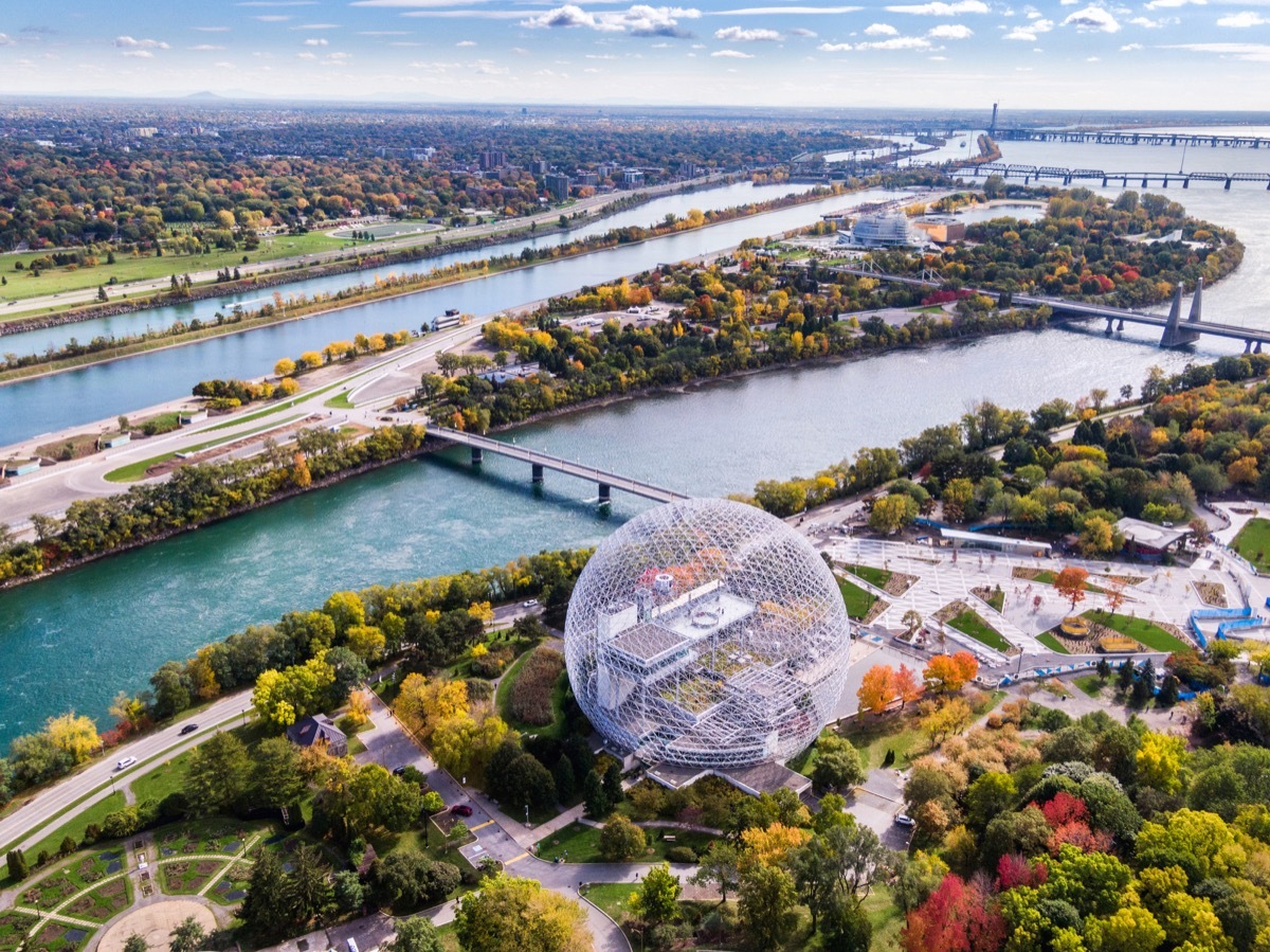 Aerial view of Montreal showing the Biosphere Environment Museum and Saint Lawrence River in fall season in Quebec, Canada.