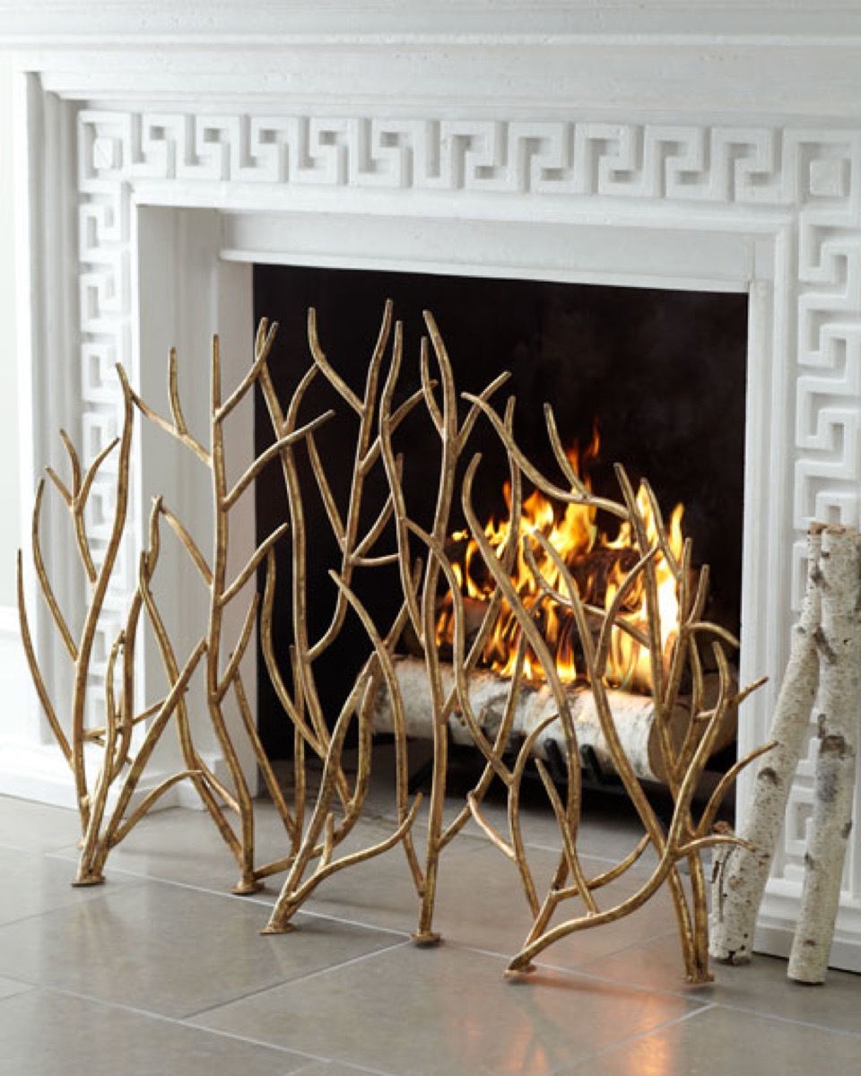 gold branch fireplace screen, fall decorating tips